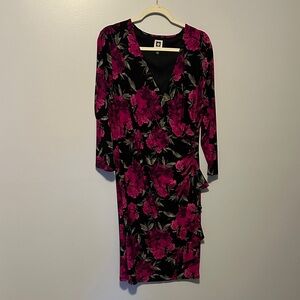 Anne Klein Black and Pink Floral Long Sleeve Dress